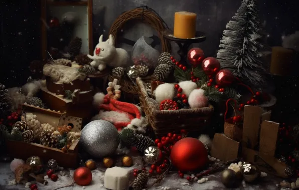 Winter, snow, toys, Christmas, New year, still life, items, AI art