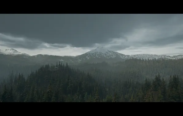 Forest, landscape, mountains, fog, overcast, screenshot, postapokalipsis, render