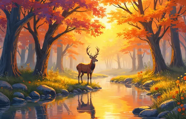 Flowers, Trees, Forest, Dawn, Deer, River, Digital art, AI art