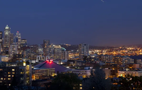 USA, United States, panorama, Night, Skyline, Washington, skyscrapers, Seattle