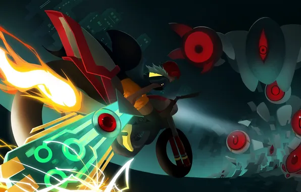 Picture girl, sword, art, motorcycle, red, the enemy, transistor, emi-tan