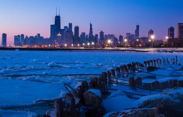 Winter, night, the city, chicago