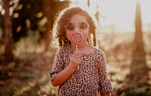 Child, glasses, girl, Lollipop, curls