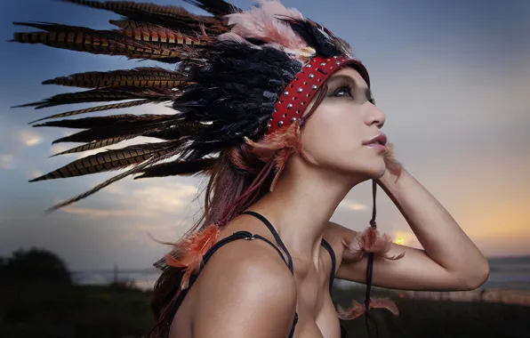 Look, girl, face, background, feathers