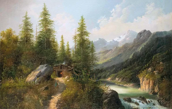 Mountains, Trees, River, Picture, Hut, Male, Austrian landscape painter, Edward Boehm