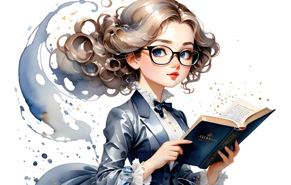 Glasses, girl, white background, book, blots, form, painting, student
