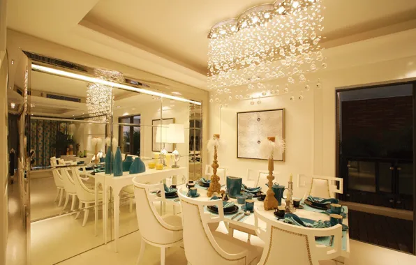 Table, chairs, interior, mirror, chandelier, dining room, serving