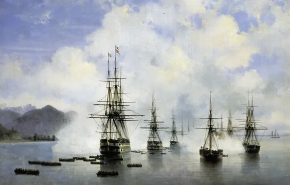 Oil, ships, picture, canvas, seascape, Ivan Aivazovsky, Landing N.N. Rajewski at Subashi