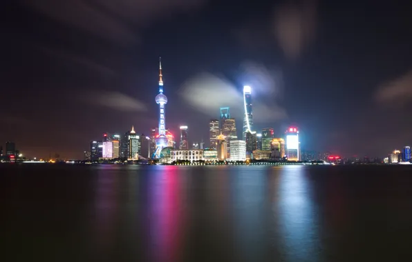 Sea, night, the city, lights, Leonardo Rodriguez