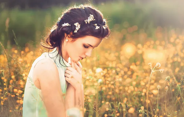 Grass, the sun, flowers, model, portrait, makeup, hairstyle, brown hair