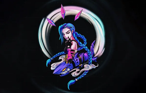 Picture girl, the game, game, black background, killer, blue hair, braids, League of Legends