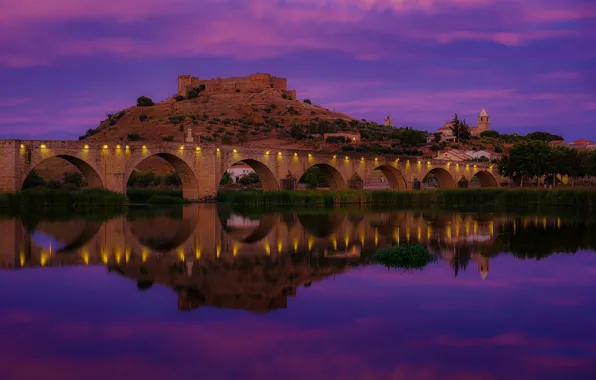 The sky, bridge, lights, castle, the evening, hill, arch, architecture