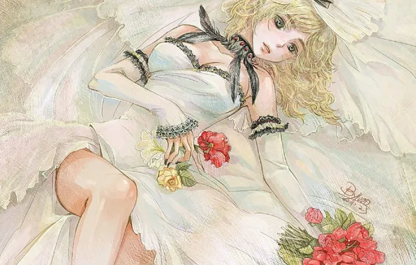 Feathers, tears, neckline, the bride, veil, knee, wedding dress, lying on the floor