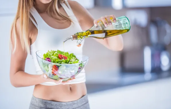 Woman, salad, olive oil, condiments