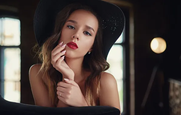 Close-up, model, portrait, hat, brown eyes, cute girl, bright lipstick, Sergey Zhirnov