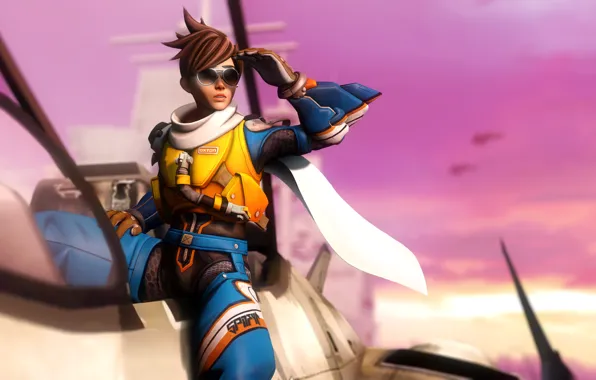 Girl, the plane, glasses, costume, Overwatch, tracer, lena oxton