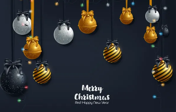 Picture decoration, gold, balls, New Year, Christmas, golden, black background, Christmas