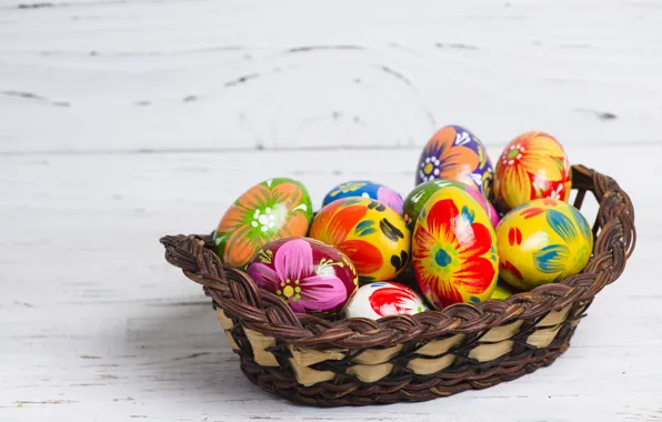 Basket, spring, colorful, Easter, wood, spring, Easter, eggs