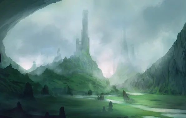 Landscape, fog, river, stones, art, tower, gorge, blinck