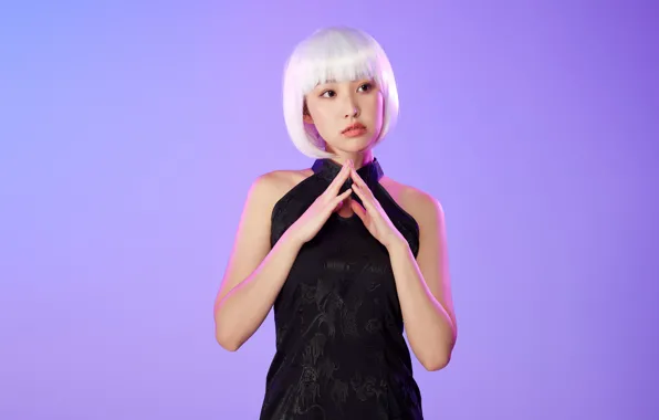Asian, black dress, gesture, white hair, brown eyes, brown eyes, asian, cute girl