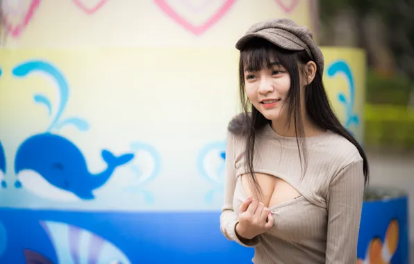 Smile, brunette, cap, Asian, bokeh