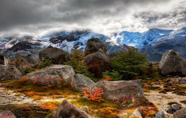 The sky, clouds, snow, mountains, stones, slope, Argentina, Argentina