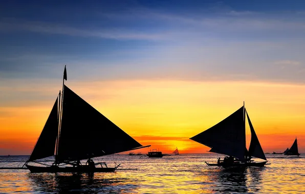Sea, sunset, ships, yachts, silhouettes