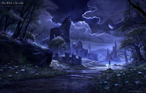 Picture night, river, stream, people, tower, ruins, The Elder Scrolls Online