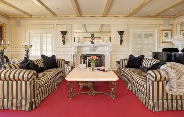 Interior, piano, pictures, fireplace, living room, Mediterranean style, Barry Manilov's Mediterranean-style house, Barry Manilow home