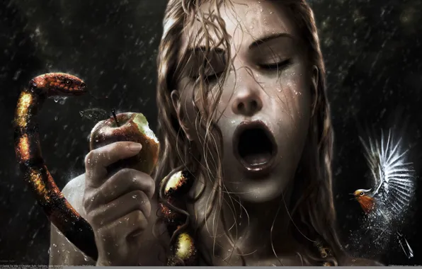 Picture drops, Apple, snake, mouth, lips, wet hair, Christian Suhr, kalibri