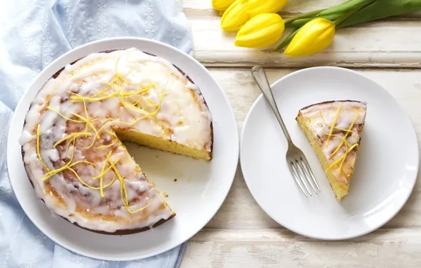 Bouquet, tulips, cream, dessert, lemons, piece, peel, lemon pie