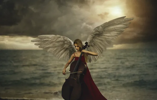 Sea, wave, girl, light, clouds, pose, music, shore