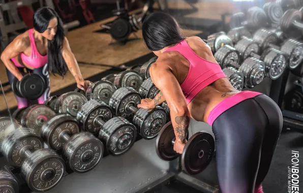 Picture female, mirror, fitness, bodybuilding, dumbbells