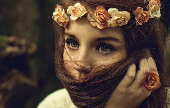 Eyes, look, girl, flowers, nature, face, background, mood
