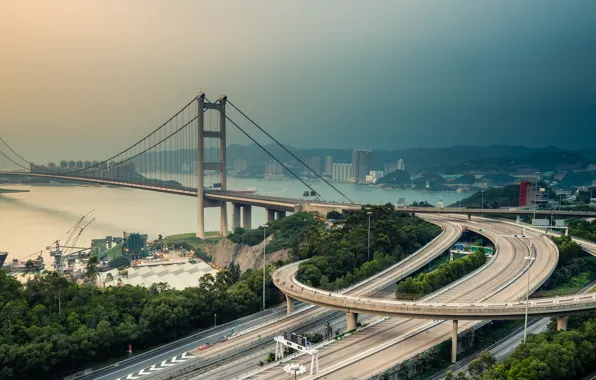 Bridge, the city, view, road, Hong Kong, skyscrapers, channel, Tsing Ma Bridge