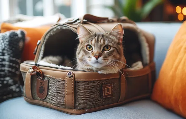 Cat, cat, look, pose, grey, sofa, lies, suitcase
