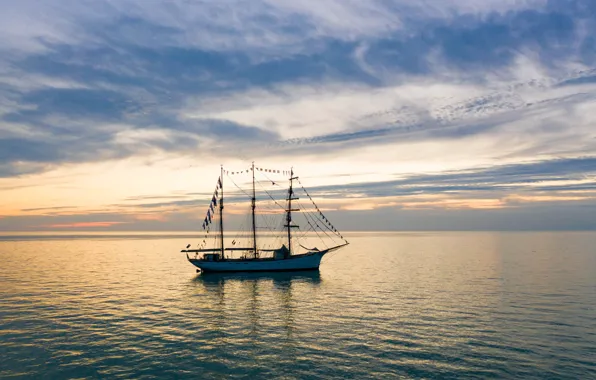 Sea, sunset, sailboat, The Channel