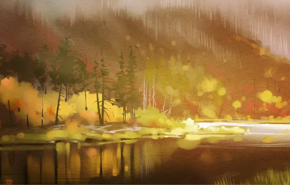 Autumn, forest, trees, river, art