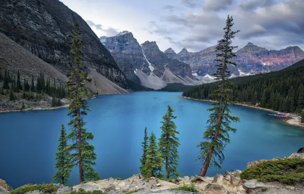 Trees, mountains, lake, Nature, Canada, Albert, Banff national Park, moraine lake