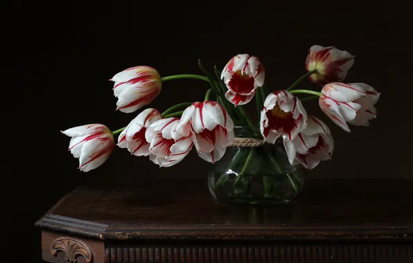 Flowers, retro, the dark background, table, bouquet, Bank, tulips, vase