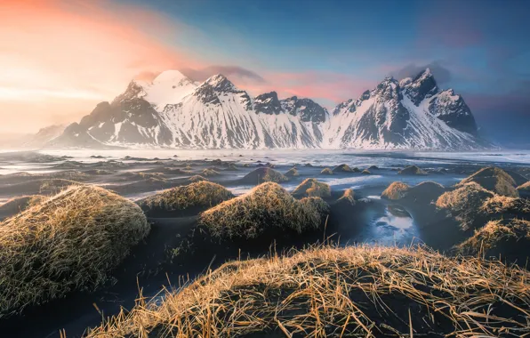 Sunset, mountains, Iceland, Iceland, Vestrahorn, Stokkness