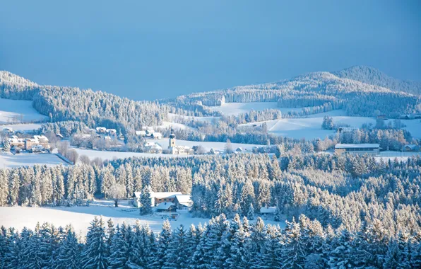Winter, forest, the sky, light, snow, landscape, mountains, hills