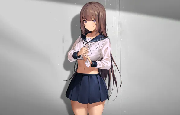 Picture girl, sexy, wet, school uniform, long hair, brown hair, anime, beautiful