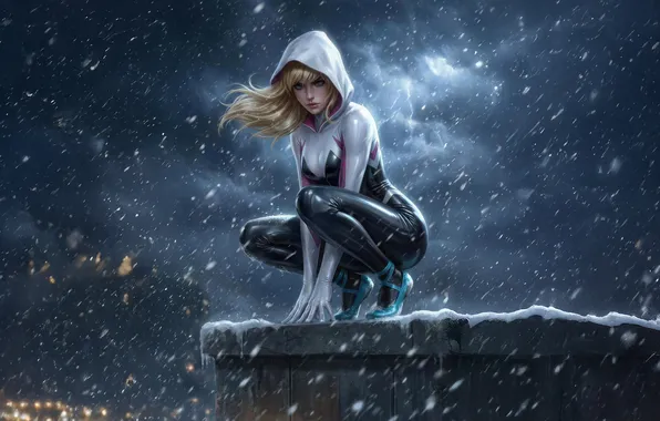 Picture winter, roof, snow, night, pose, art, blonde, costume