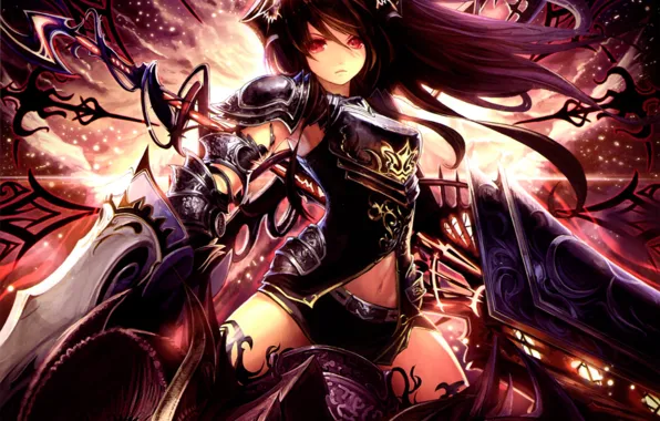 Girl, weapons, sword, anime, art, horns, armor, tachikawa mushimaro