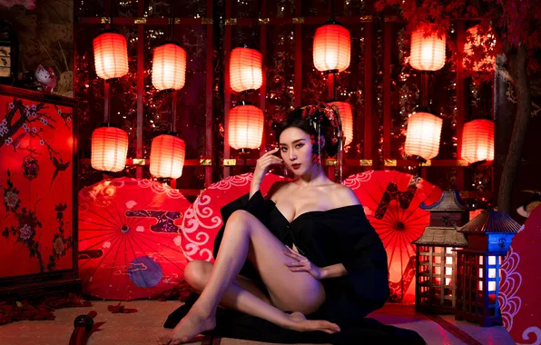Pose, umbrellas, legs, Asian, lanterns, cutie, in black, asian