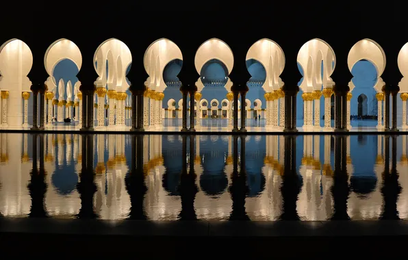 Picture water, lights, the evening, lighting, columns, mosque, arch, architecture