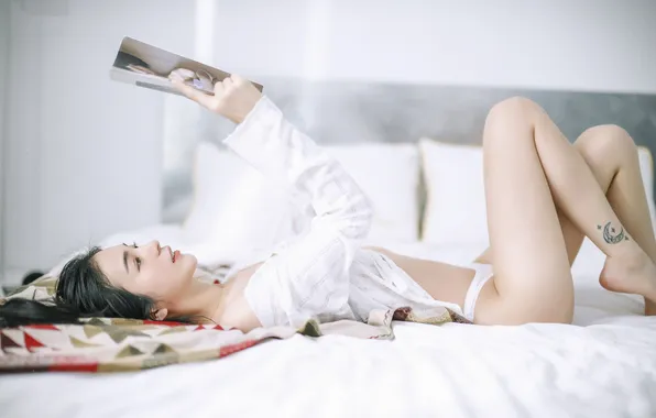 Beautiful, Asian, Model, Smile, Bed, Woman, Tattoo, Lying Down