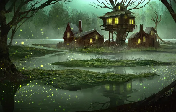 Picture forest, water, house, fantasy, swamp, tale, the evening, art