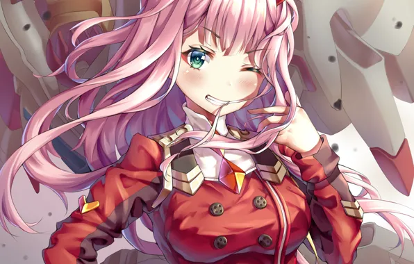 Download wallpaper girl, smile, background, 002, Darling In The Frankxx